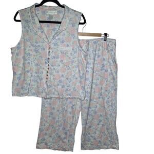 Eileen West Floral Pajama Set Large 100% Cotton Floral Sleeveless Top Crop Pants